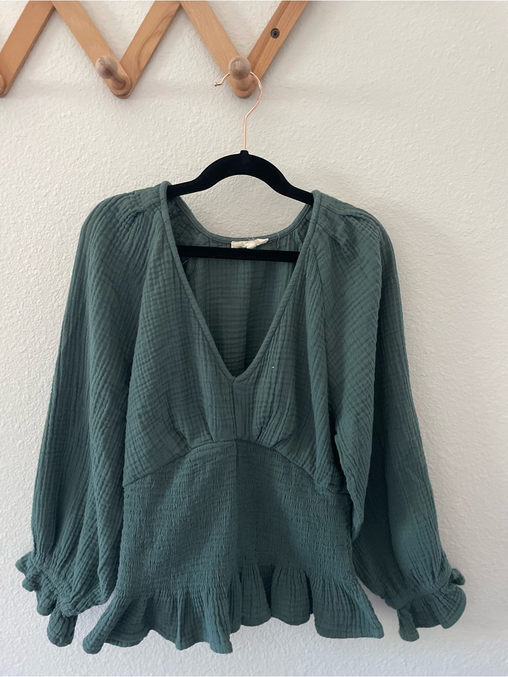 Women’s Peasant Blouse with Ruffle Hem in Forest Green